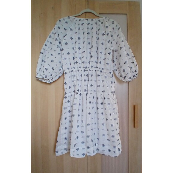 Anthropologie midi dress sz small white navy puff 3/4 sleeves nautical travel - Picture 2 of 8